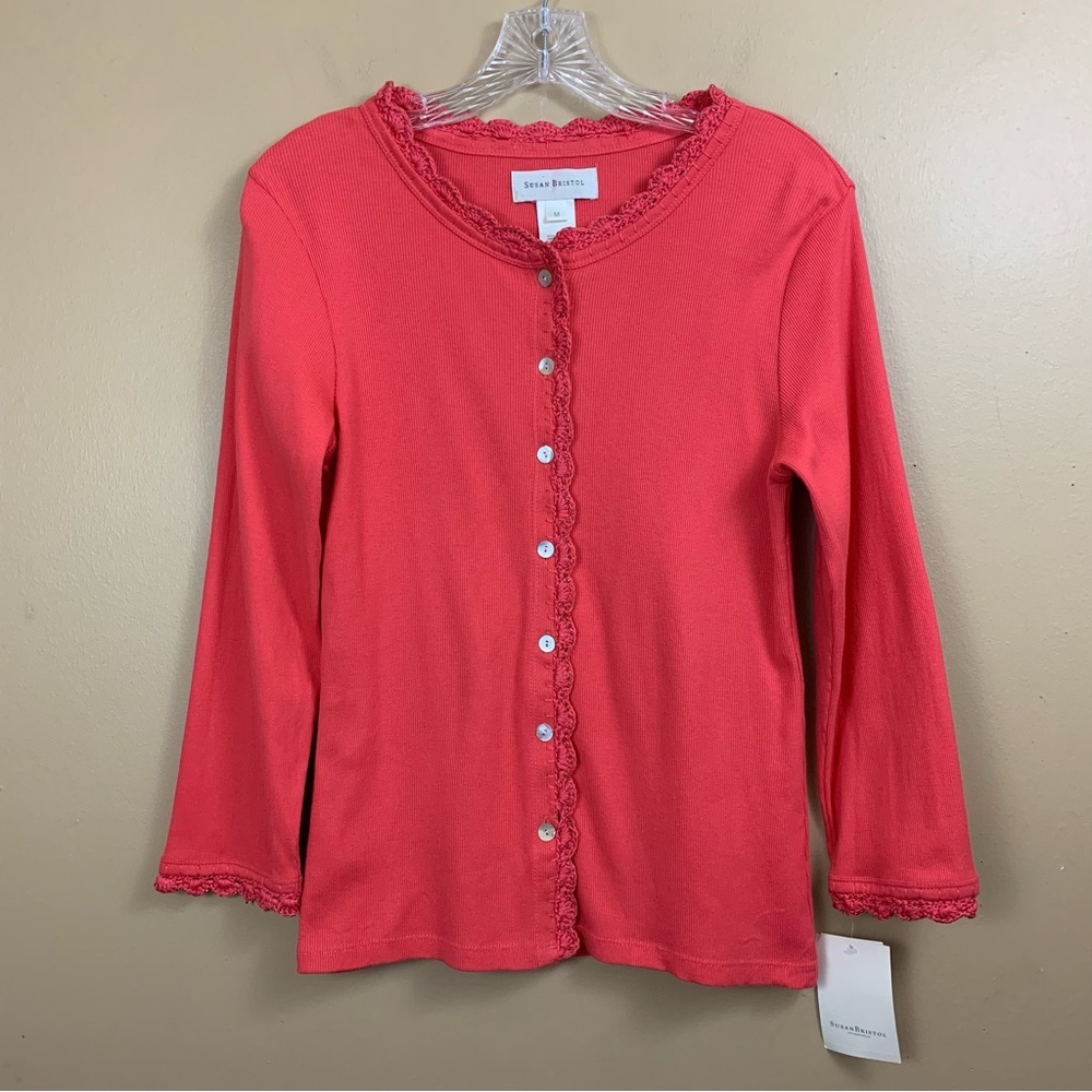 Susan Bristol Top Womens Medium Pink Embroidered Scalloped Bead Trim Button Up